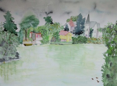 Картина под названием "Le petit lac d'Engh…" - Pascale Coutoux, Подлинное произведение искусства, Акварель