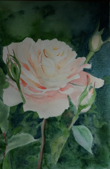 Malerei mit dem Titel "Rose Thé" von Pascale Coutoux, Original-Kunstwerk, Aquarell