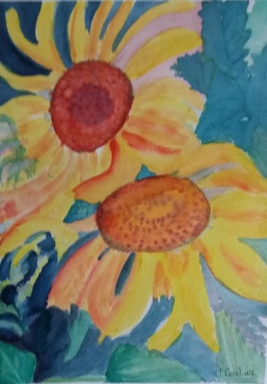 Painting titled "tournesols" by Pascale Coutoux, Original Artwork, Watercolor