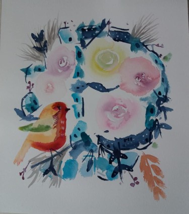Painting titled "couronne fleurie" by Pascale Coutoux, Original Artwork, Watercolor