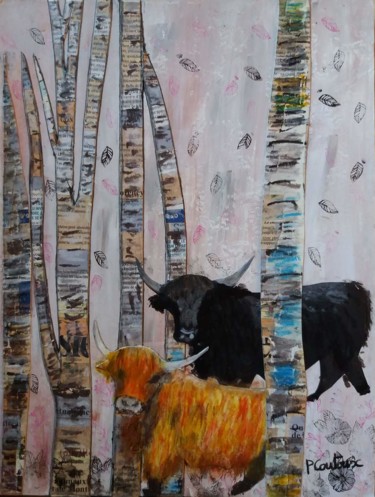 Painting titled "Vaches Highlands" by Pascale Coutoux, Original Artwork, Collages