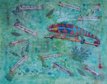 Painting titled "Caméléon" by Pascale Coutoux, Original Artwork, Watercolor