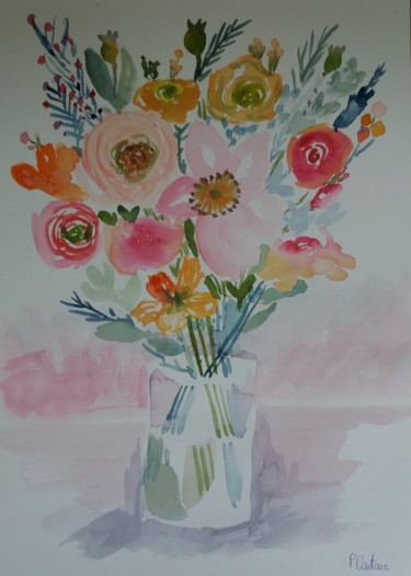 Malerei mit dem Titel "Bouquet dans un vas…" von Pascale Coutoux, Original-Kunstwerk, Aquarell