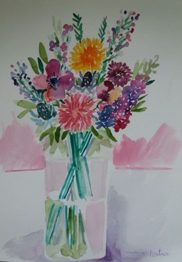 Painting titled "Bouquet dans un vas…" by Pascale Coutoux, Original Artwork, Watercolor
