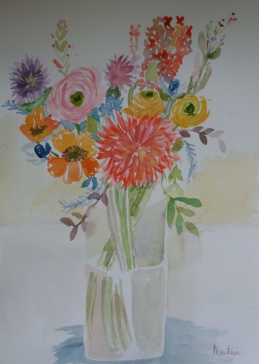 Картина под названием "Bouquet dans un vas…" - Pascale Coutoux, Подлинное произведение искусства, Акварель