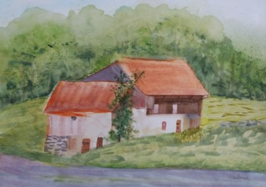 Malerei mit dem Titel "chalets et forêt" von Pascale Coutoux, Original-Kunstwerk, Aquarell