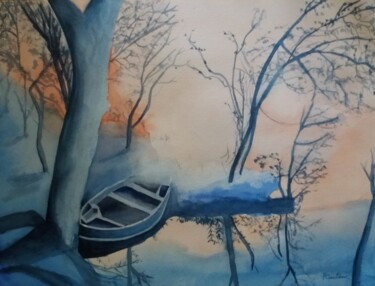 Painting titled "barque bleue" by Pascale Coutoux, Original Artwork, Watercolor