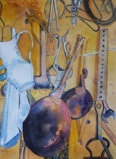 Painting titled "Vieux outils un air…" by Pascale Coutoux, Original Artwork, Watercolor