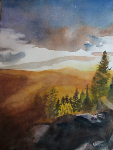 Painting titled "Paysage sans nom" by Pascale Coutoux, Original Artwork, Watercolor