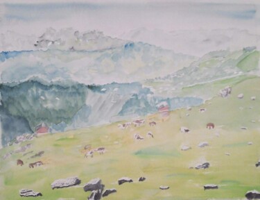 Painting titled "Vue sur le Praz de…" by Pascale Coutoux, Original Artwork, Watercolor