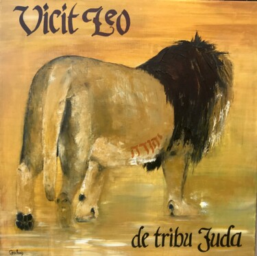 Painting titled "Vicit Leo" by Pascale Galbois, Original Artwork, Oil Mounted on Wood Stretcher frame