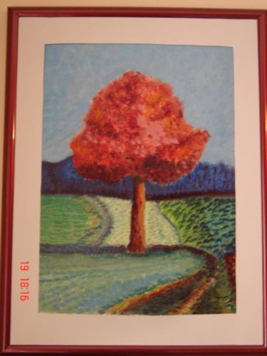 Painting titled "L'arbre rouge" by Pascale Kleinberg, Original Artwork, Oil