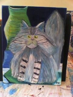 Painting titled "Chat grey" by Pascale Kleinberg, Original Artwork, Oil