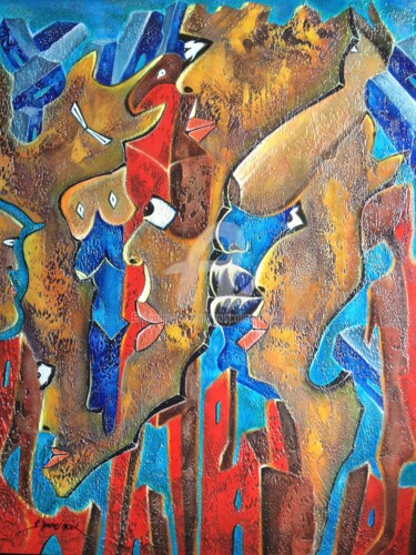 Painting titled "L'intrus" by Pascal Jourd'Heuil, Original Artwork, Acrylic Mounted on Wood Panel