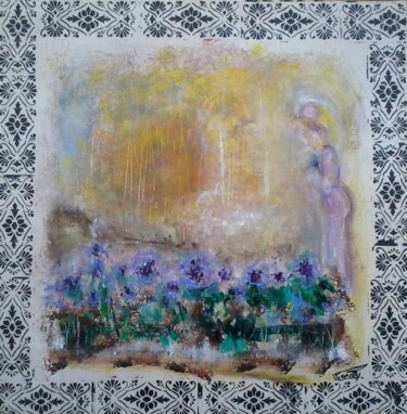 Painting titled "La-dame-aux-bleuets" by Pascaly, Original Artwork, Acrylic Mounted on Wood Stretcher frame