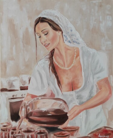 Pittura intitolato "In the cafeteria" da Pasha Laponog, Opera d'arte originale, Olio