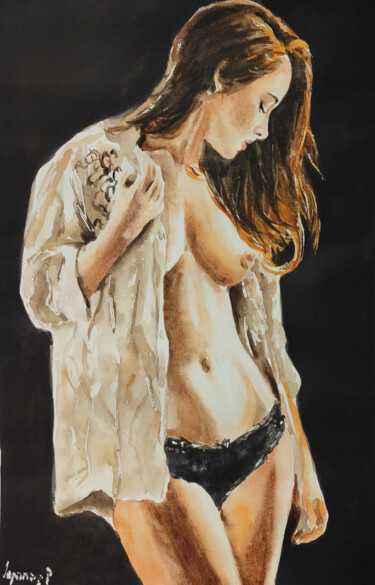 Pintura intitulada "Young woman-erotic…" por Pasha Laponog, Obras de arte originais, Aquarela