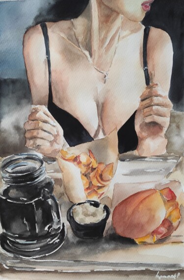 Painting titled "Quick lunche, Eroti…" by Pasha Laponog, Original Artwork, Watercolor