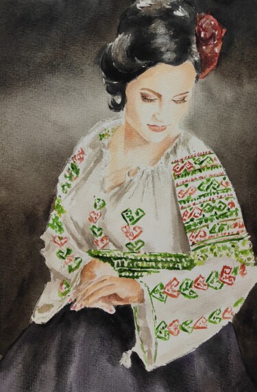 Painting titled "Ukrainian woman in…" by Pasha Laponog, Original Artwork, Watercolor