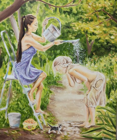 Malerei mit dem Titel "Two girls in the ga…" von Pasha Laponog, Original-Kunstwerk, Öl