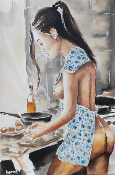 Ζωγραφική με τίτλο "Оn the kitchen-Erot…" από Pasha Laponog, Αυθεντικά έργα τέχνης, Ακουαρέλα