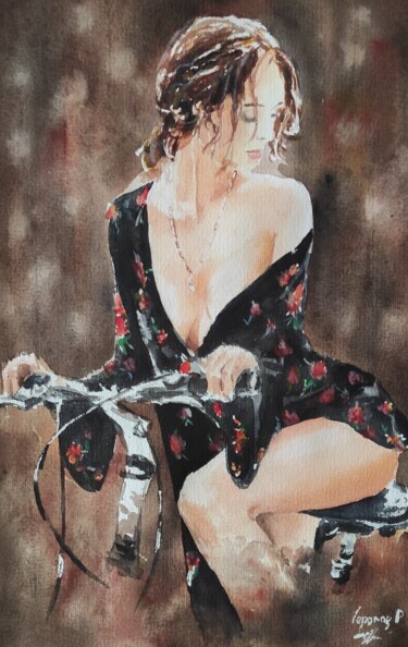 Painting titled "A girl on a bike-er…" by Pasha Laponog, Original Artwork, Watercolor