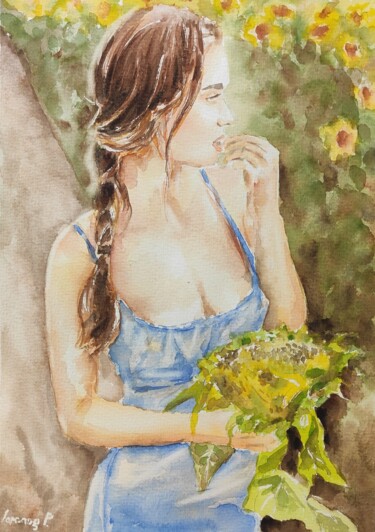 Malerei mit dem Titel "Sunflowers-erotic p…" von Pasha Laponog, Original-Kunstwerk, Aquarell