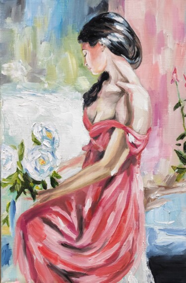 Schilderij getiteld "Red Dress Artwork,…" door Pasha Laponog, Origineel Kunstwerk, Olie