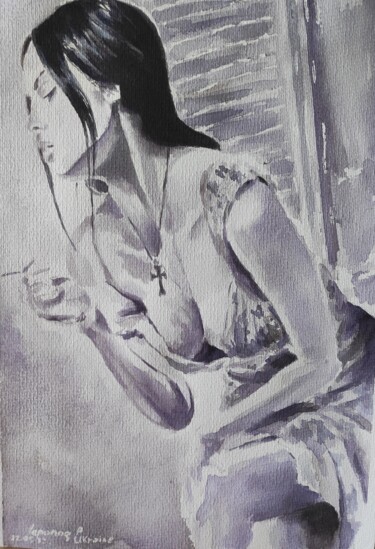 Painting titled "Girl on the balcony…" by Pasha Laponog, Original Artwork, Watercolor