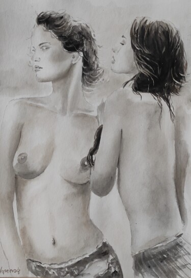 Painting titled "Two girls -Erotic p…" by Pasha Laponog, Original Artwork, Watercolor