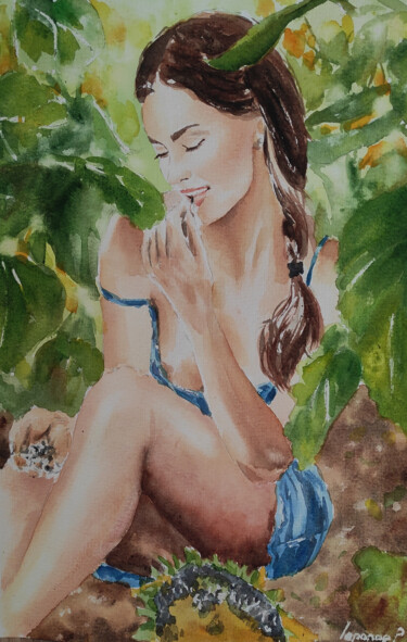 Malerei mit dem Titel "The Girl in Sunflow…" von Pasha Laponog, Original-Kunstwerk, Aquarell