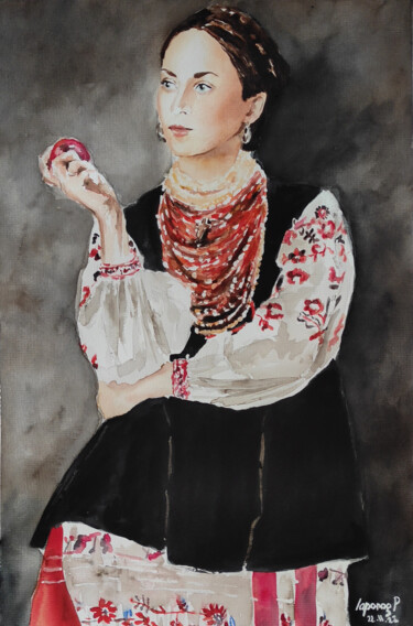 Картина под названием "Ukrainian woman wit…" - Pasha Laponog, Подлинное произведение искусства, Акварель