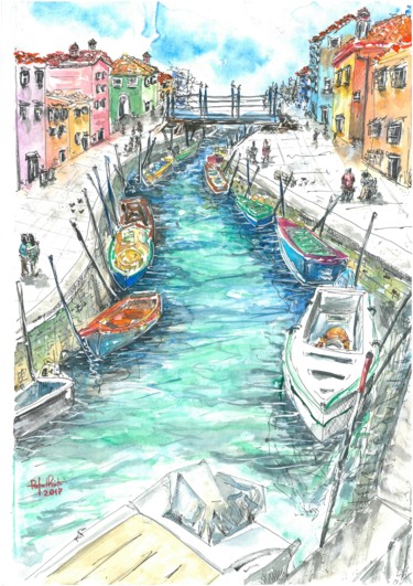 Painting titled "Canal em Veneza" by Rafael Pasito, Original Artwork, Watercolor