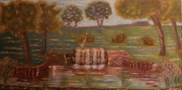 绘画 标题为“Blue Heron Pondscape” 由Pasquale Desantis, 原创艺术品, 油 安装在木质担架架上
