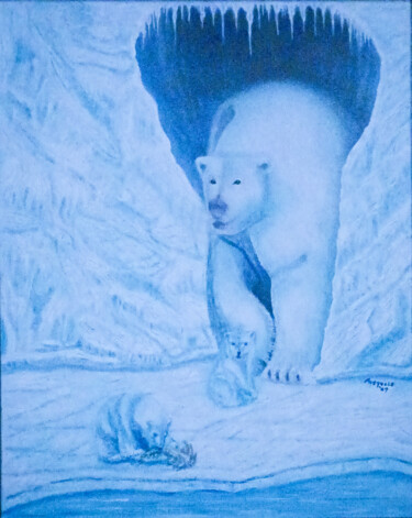 Painting titled "Polar Bears" by Pasquale Desantis, Original Artwork, Oil Mounted on Wood Stretcher frame