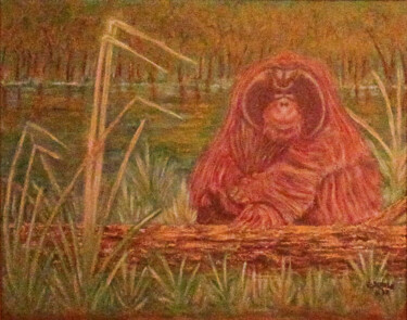 Malarstwo zatytułowany „Orangutan Meditation” autorstwa Pasquale Desantis, Oryginalna praca, Olej Zamontowany na Drewniana r…