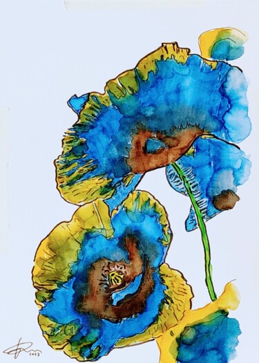 Pittura intitolato "Papaveri blu" da Pasquale Luzzo, Opera d'arte originale, Acquarello