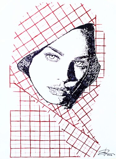 Drawing titled "Ritratto di donna c…" by Pasquale Luzzo, Original Artwork, Ballpoint pen