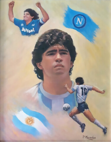 Painting titled "MARADONA" by Pasquale Minervino (Minervino), Original Artwork, Oil Mounted on Other rigid panel