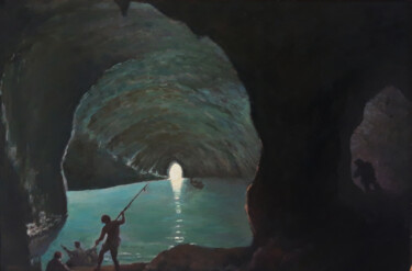 Painting titled "Grotta azzurra con…" by Pasquale Minervino (Minervino), Original Artwork, Oil Mounted on Wood Stretcher fra…