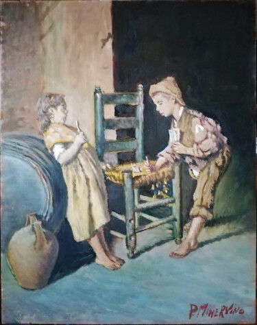 Pittura intitolato "Bambini che giocano…" da Pasquale Minervino (Minervino), Opera d'arte originale, Olio