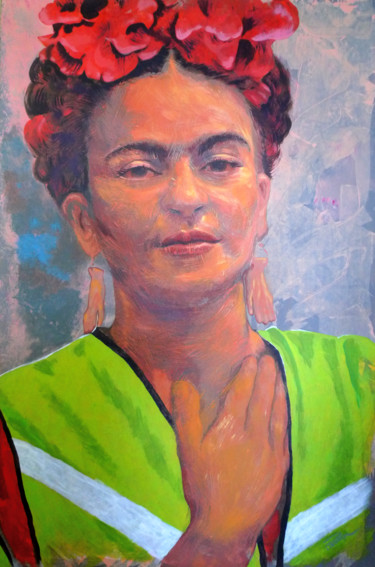 Peinture intitulée "Frida en gilet jaune" par Pavel Pashkin, Œuvre d'art originale, Acrylique