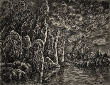 Drawing titled "Mer et rochers" by Passollina, Original Artwork, Ink