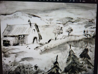 Printmaking titled "Maison sous la neige" by Passport, Original Artwork, Monotype