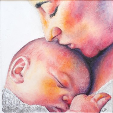 Drawing titled "Le calin" by Corinne Romand-Maitrepierre, Original Artwork, Pastel Mounted on Wood Panel