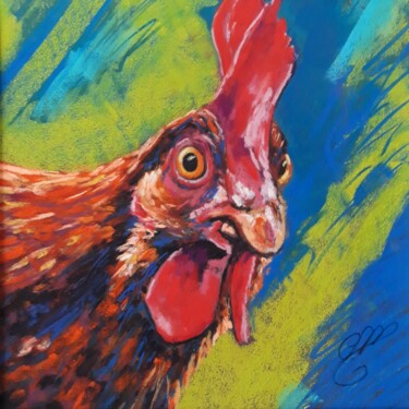 제목이 "Etonnée la poulette"인 그림 Corinne Romand-Maitrepierre로, 원작, 파스텔 목재 패널에 장착됨