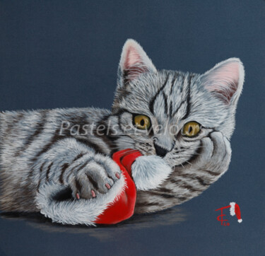 Dessin intitulée "Chat de Noël" par Pastels Et Velours, Œuvre d'art originale, Pastel Monté sur Carton