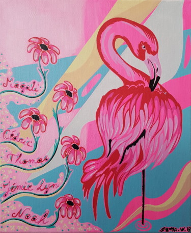 Painting titled "Flamant rose et mar…" by Pasthete // Salima Woestyn, Original Artwork, Acrylic