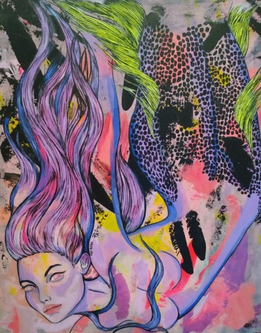 Painting titled "Pink Mermaid" by Pasthete // Salima Woestyn, Original Artwork, Acrylic