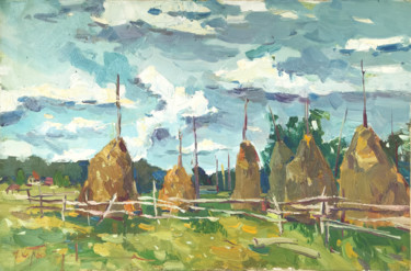 Painting titled "Haystacks" by Yuliia Pastukhova, Original Artwork, Oil